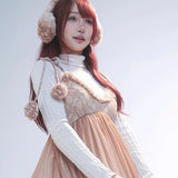 Rose Island Fairy Spirit Little Deer in flower field faux fur earmuffs ear warmer wear it on model from bottom view