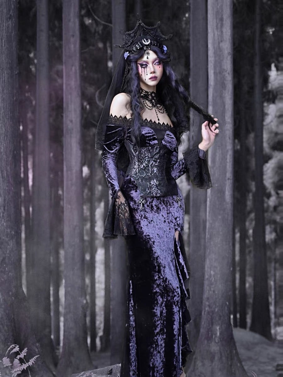 Get trendy with [Blood Supply]Moon Goddess Off-Shoulder Velvet Halloween Long Dress - Clothing available at Peiliee Shop. Grab yours for $56 today!