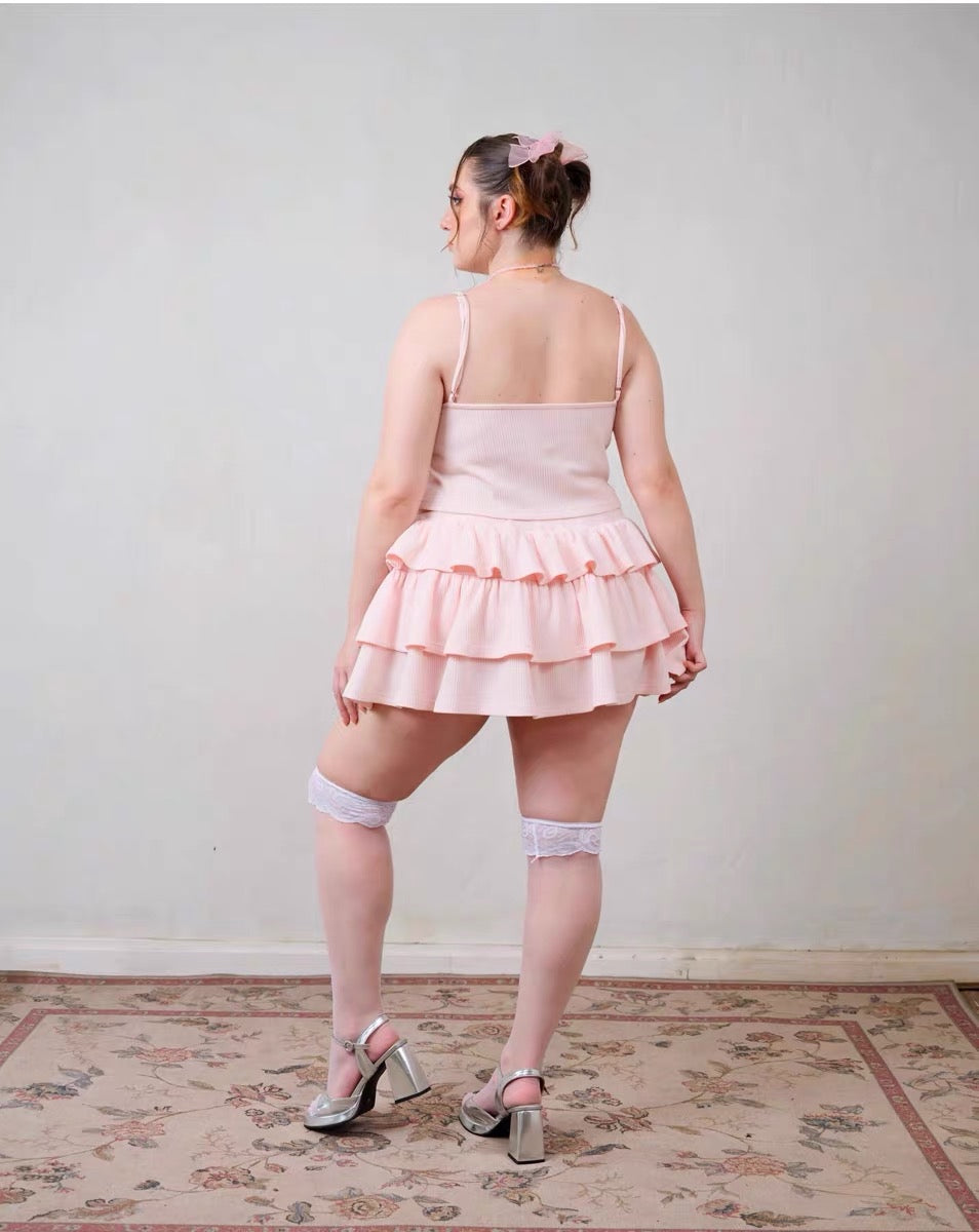 Get trendy with [Curve Beauty] Sorry I only eat salad soft pink sweet girl crop top and mini skirt set -  available at Peiliee Shop. Grab yours for $32 today!