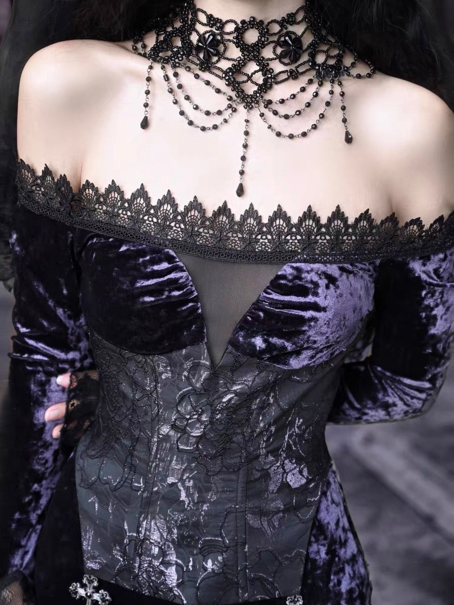 Get trendy with [Blood Supply]Moon Goddess Off-Shoulder Velvet Halloween Long Dress - Clothing available at Peiliee Shop. Grab yours for $56 today!