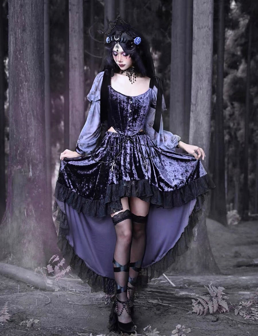 Get trendy with [Blood Supply] Moon Goddess Velvet Trailing Lace Skirt - Clothing available at Peiliee Shop. Grab yours for $41 today!