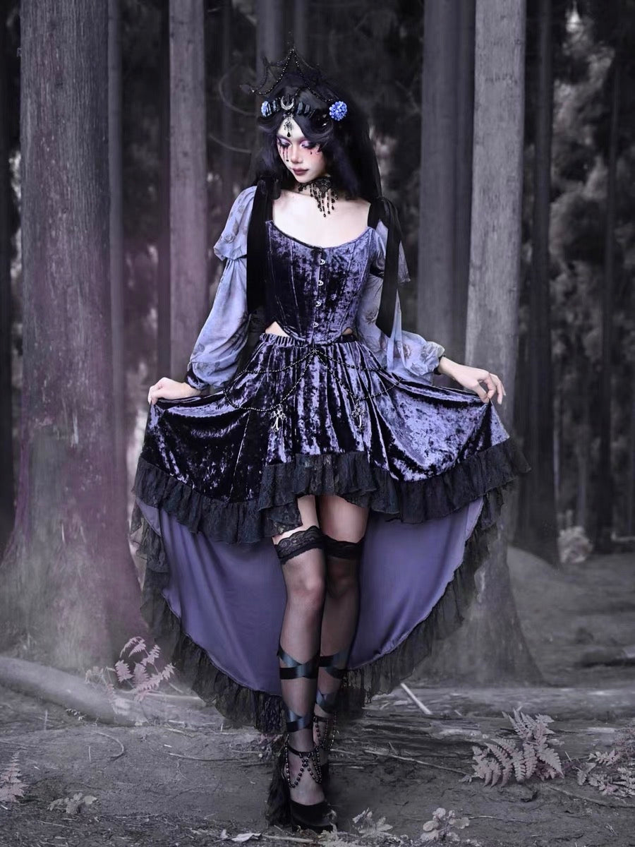 Get trendy with [Blood Supply] Moon Goddess Velvet Trailing Lace Skirt - Clothing available at Peiliee Shop. Grab yours for $41 today!