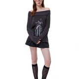 Reabobo Kitty Ribbon Off-shoulder Top