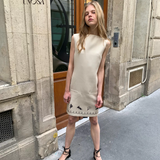 UNOSA Beige Floral Silhouette Sleeveless H-Line Dress