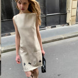 UNOSA Beige Floral Silhouette Sleeveless H-Line Dress