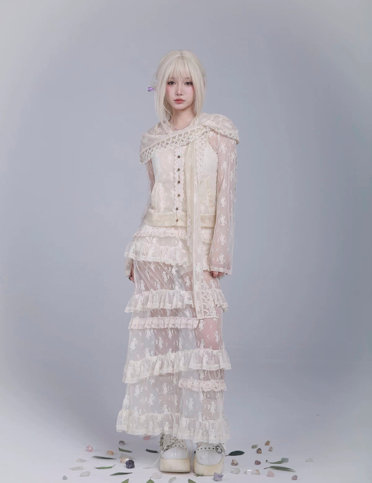 Get trendy with Rose Island AW24 Elf Guardian - Elf in mist lace midi skirt with inner shorts - Skirt available at Peiliee Shop. Grab yours for $42 today!