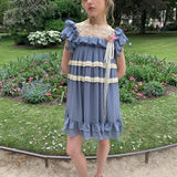 UNOSA Butterfly Moon Blue Chiffon Lace Trim Dress