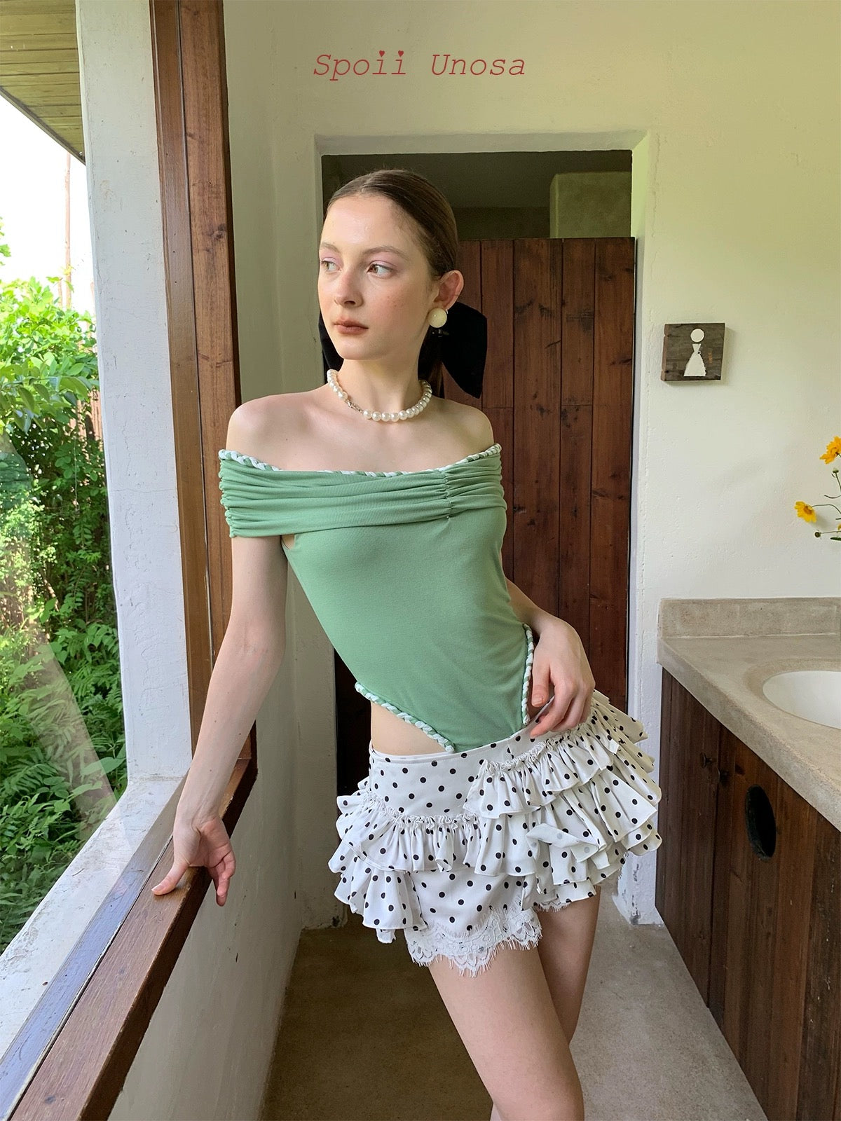 Get trendy with [SPOII UNOSA] Pearl Elegance Polka Mini Skirt -  available at Peiliee Shop. Grab yours for $55 today!