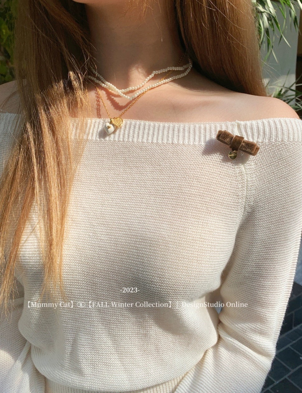 Get trendy with [Mummy Cat] Butterfly Bow Off-Shoulder Sweater -  available at Peiliee Shop. Grab yours for $50.50 today!