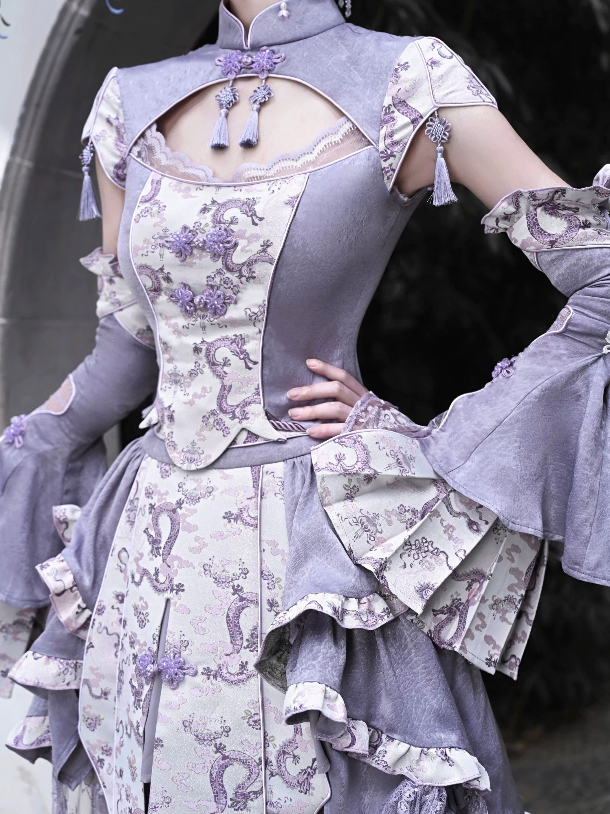 Get trendy with [Blood Supply] Dragon In Wisteria Japanese Princess Sleeves - Crop Top available at Peiliee Shop. Grab yours for $36 today!