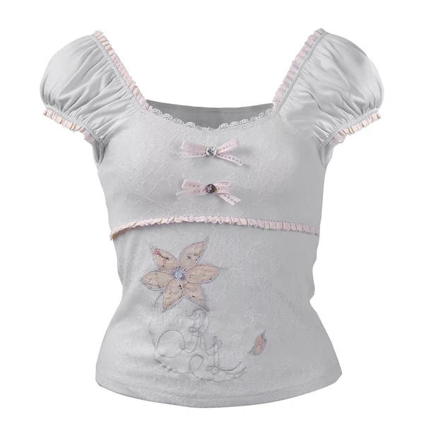 Rose Island Clematis Jellyfish Lace Knit Puff Sleeve Top