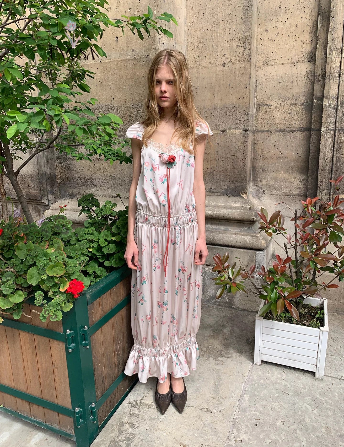 UNOSA UNOSA Pink-Green Floral Ribbon Slip Dress