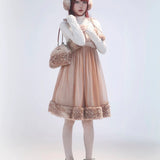 Rose Island Deer collection fawn pattern print faux fur handbag model holding as arm bag whole view