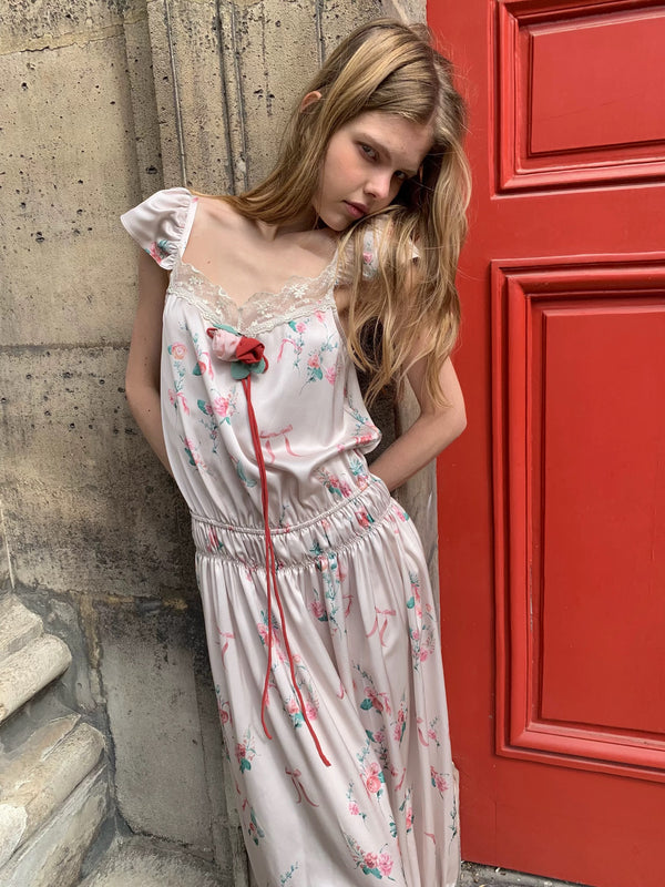 UNOSA UNOSA Pink-Green Floral Ribbon Slip Dress