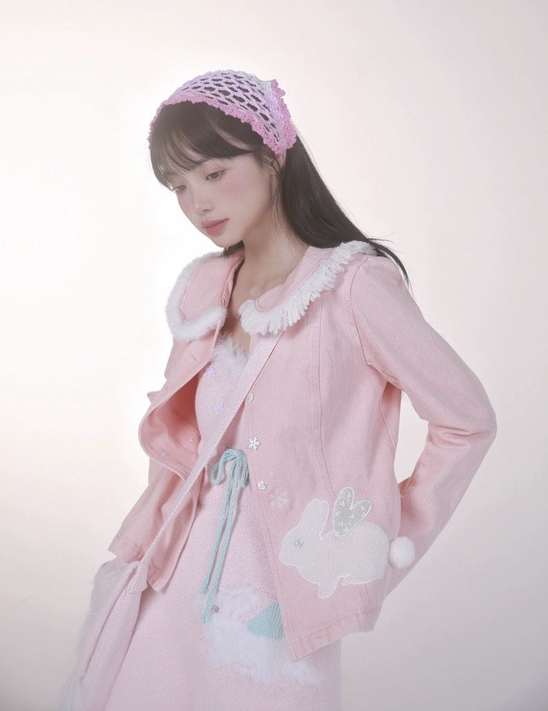 Get trendy with [Rose Island] Pink Bunny Denim Jacket - Coats & Jackets available at Peiliee Shop. Grab yours for $55 today!