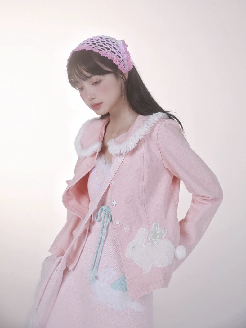 Get trendy with [Rose Island] Pink Bunny Denim Jacket - Coats & Jackets available at Peiliee Shop. Grab yours for $55 today!