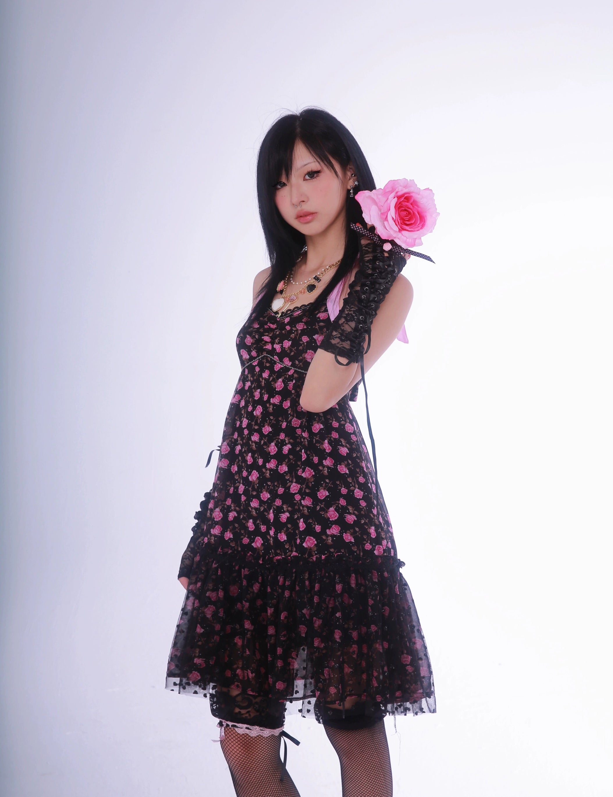 Get trendy with [Evil Tooth] Wild Rose Floral Gyaru Girl Mini Dress - Shirts & Tops available at Peiliee Shop. Grab yours for $42 today!