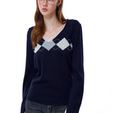 Reabobo Argyle Knit V-Neck Sweater