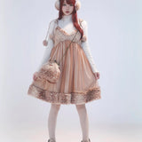 Rose Island Fairy Spirit Little Deer in flower field faux fur earmuffs ear warmer on model with front overview