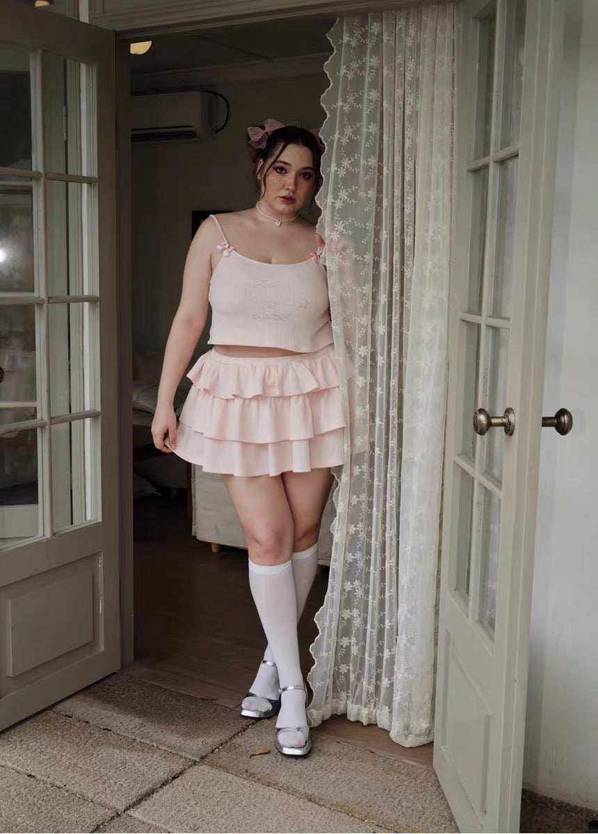 Get trendy with [Curve Beauty] Sorry I only eat salad soft pink sweet girl crop top and mini skirt set -  available at Peiliee Shop. Grab yours for $32 today!
