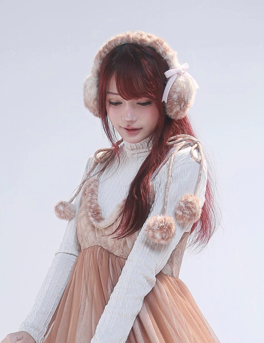 Rose Island Fairy Spirit Little Deer in flower field faux fur earmuffs ear warmer wear it on model