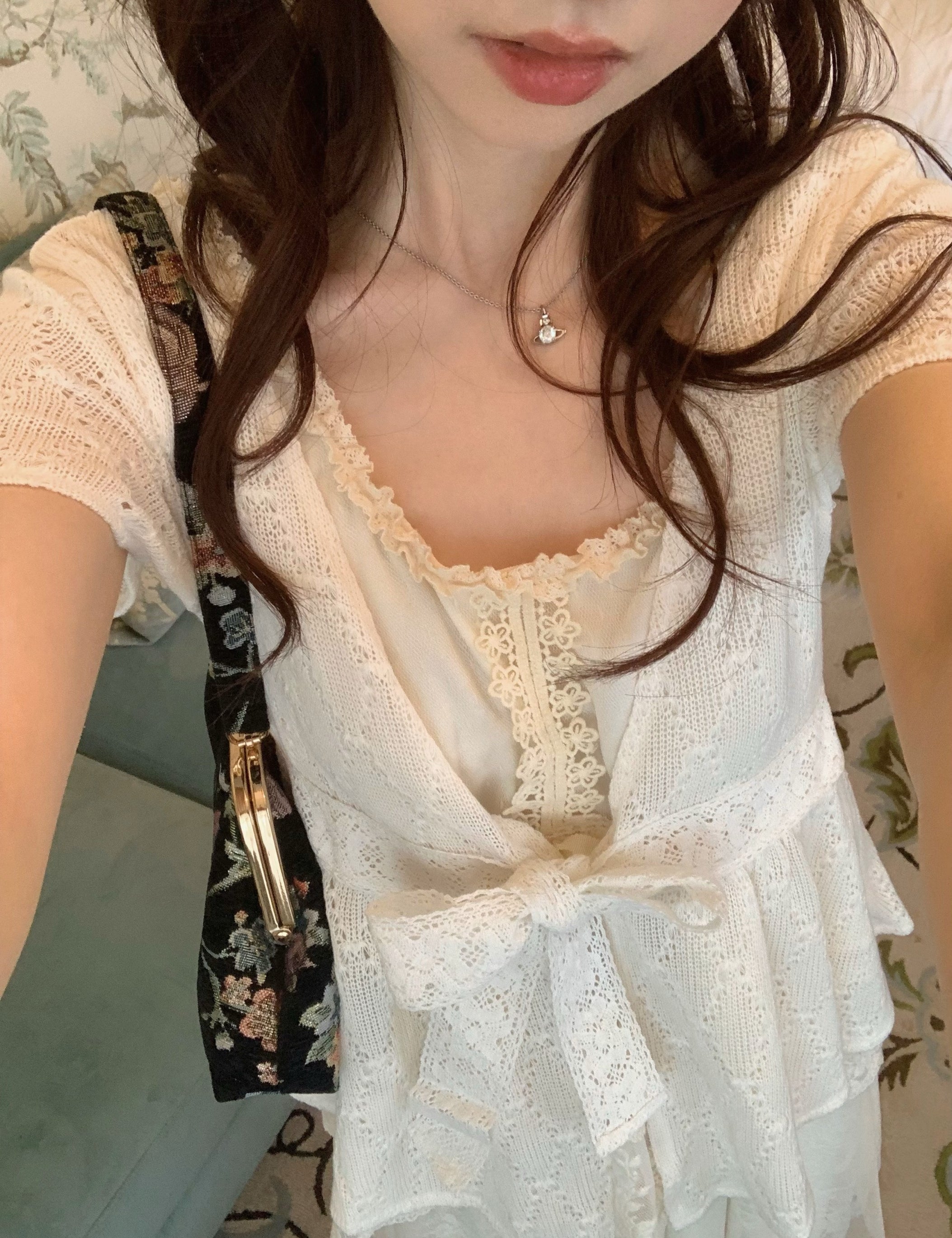 Rose Candy Summer Rose Cottage Lace Bow Knit Cardigan