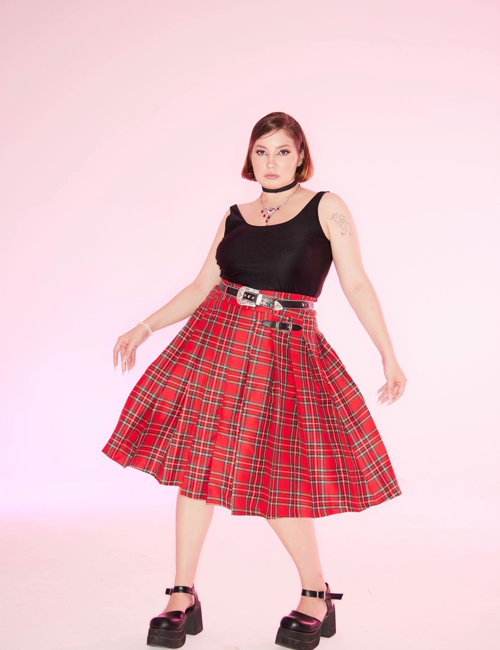 Get trendy with [Curve Beauty] Red Punk Plaid Skirt - Curve available at Peiliee Shop. Grab yours for $54 today!