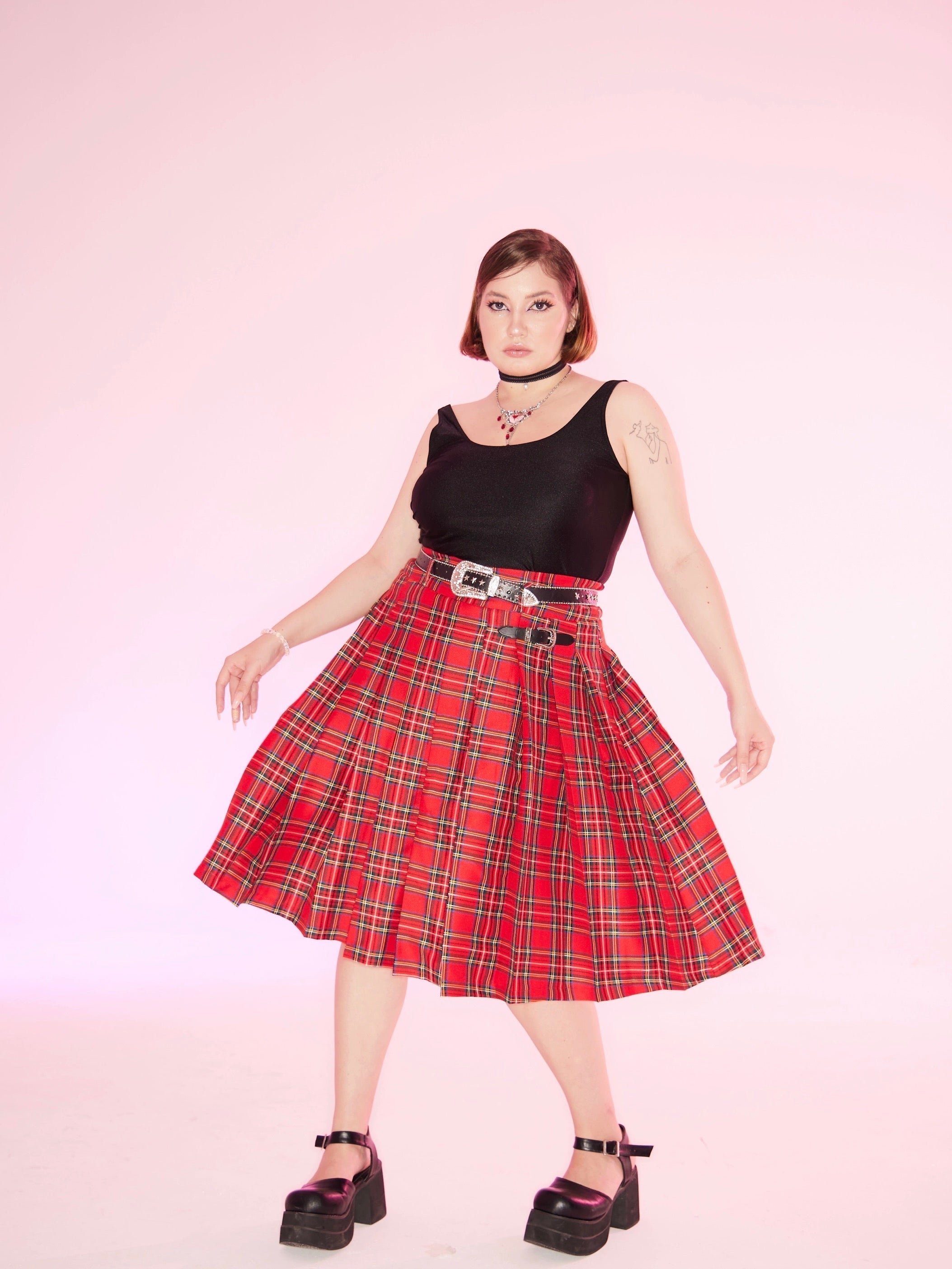 Get trendy with [Curve Beauty] Red Punk Plaid Skirt - Curve available at Peiliee Shop. Grab yours for $54 today!