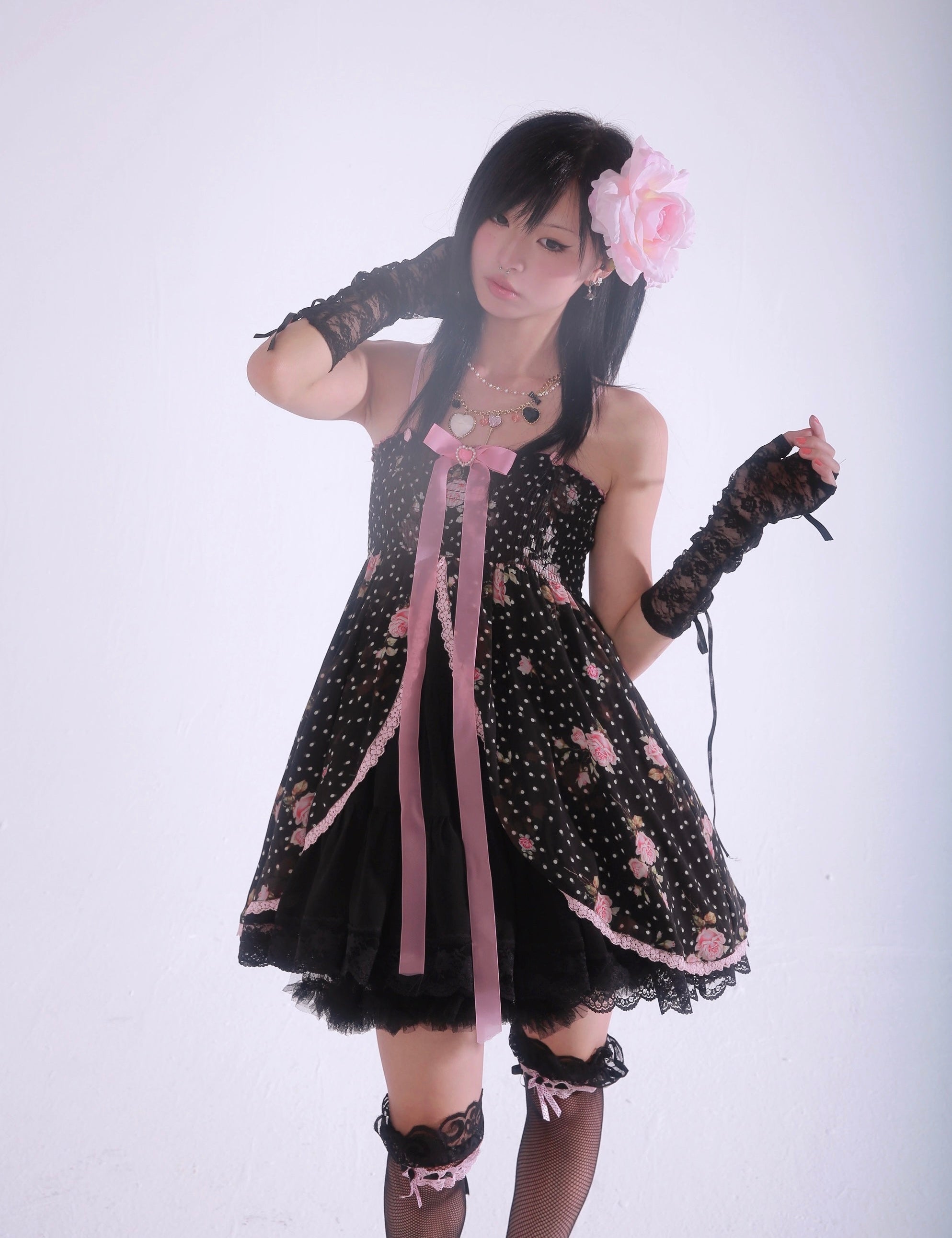Get trendy with [Evil Tooth] Midnight Rose Gyaru Girl Floral Mini Dress - Shirts & Tops available at Peiliee Shop. Grab yours for $46 today!