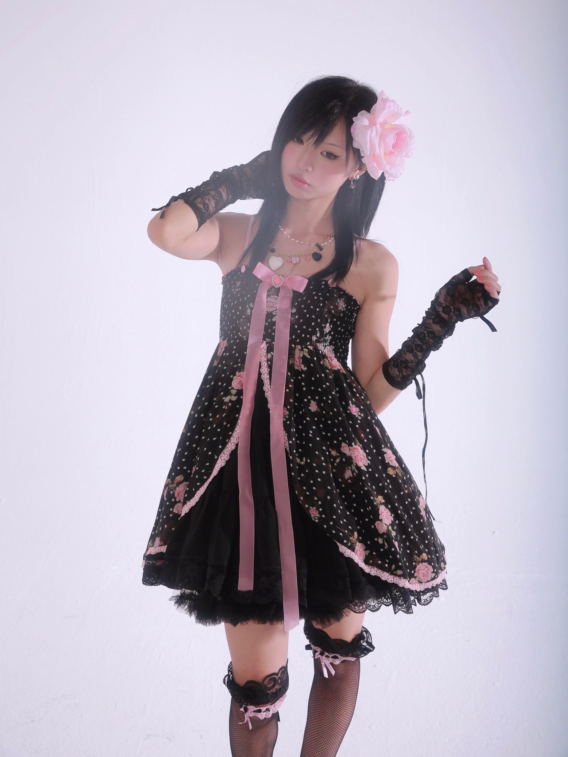 Get trendy with [Evil Tooth] Midnight Rose Gyaru Girl Floral Mini Dress - Shirts & Tops available at Peiliee Shop. Grab yours for $46 today!