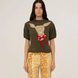 [Made In Spain] Carmen Says Deer Print Knit Puff Sleeves Sweater