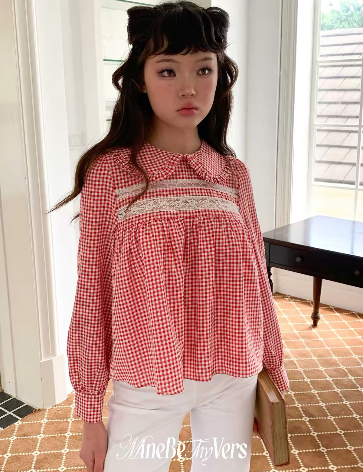 MineBeThyVers 100% Cotton Red Gingham Peter Pan Collar Blouse