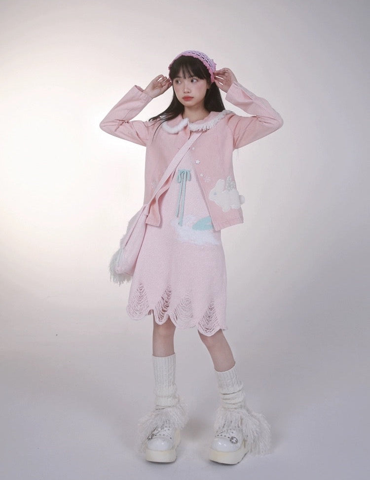 Get trendy with [Rose Island] Pink Bunny Denim Jacket - Coats & Jackets available at Peiliee Shop. Grab yours for $55 today!