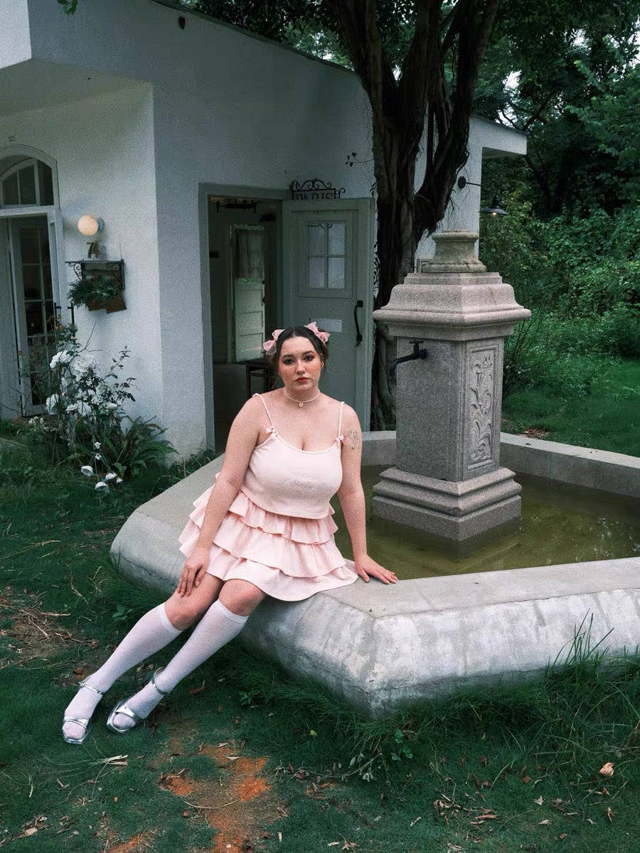 Get trendy with [Curve Beauty] Sorry I only eat salad soft pink sweet girl crop top and mini skirt set -  available at Peiliee Shop. Grab yours for $32 today!