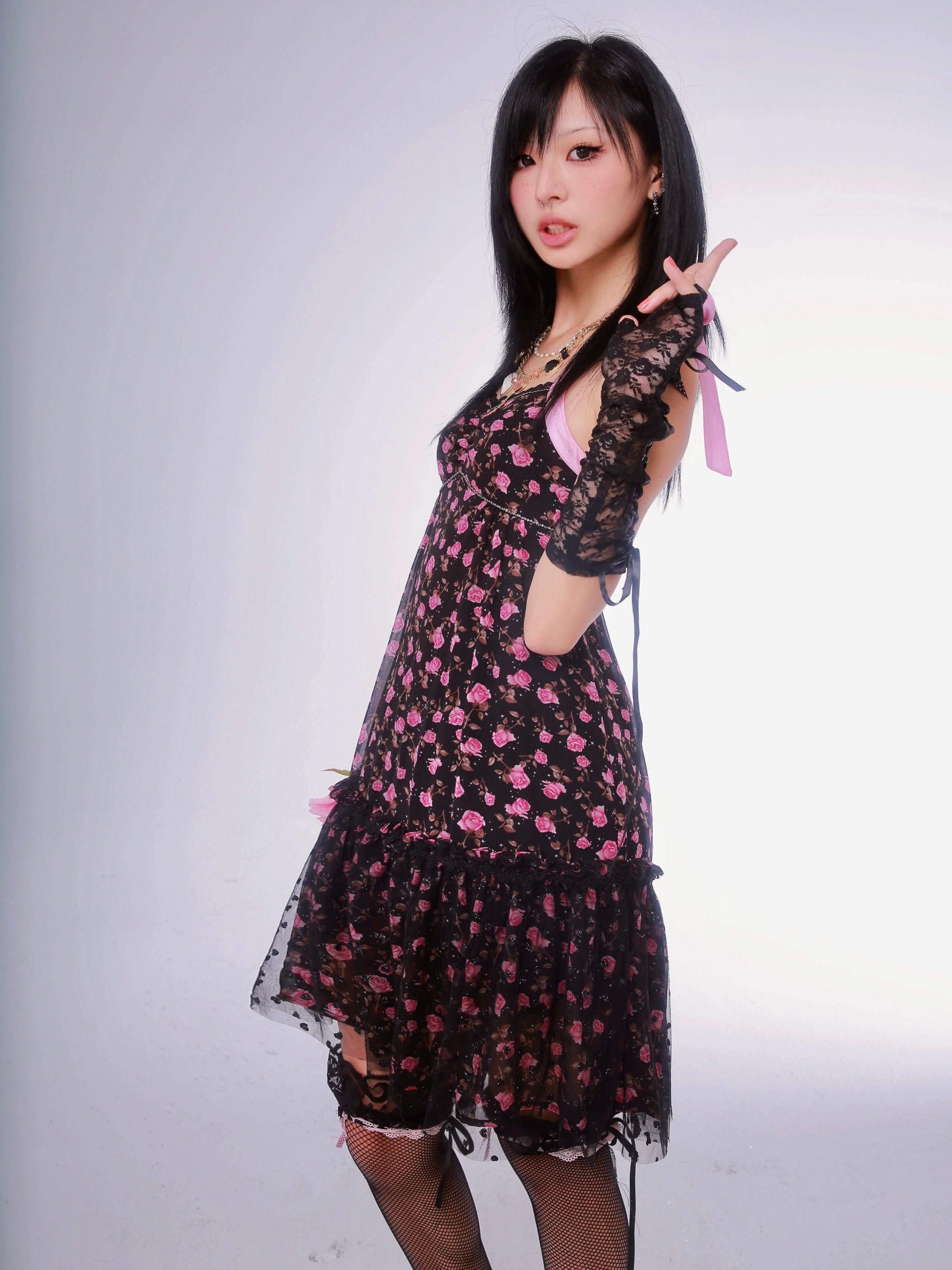 Get trendy with [Evil Tooth] Wild Rose Floral Gyaru Girl Mini Dress - Shirts & Tops available at Peiliee Shop. Grab yours for $42 today!