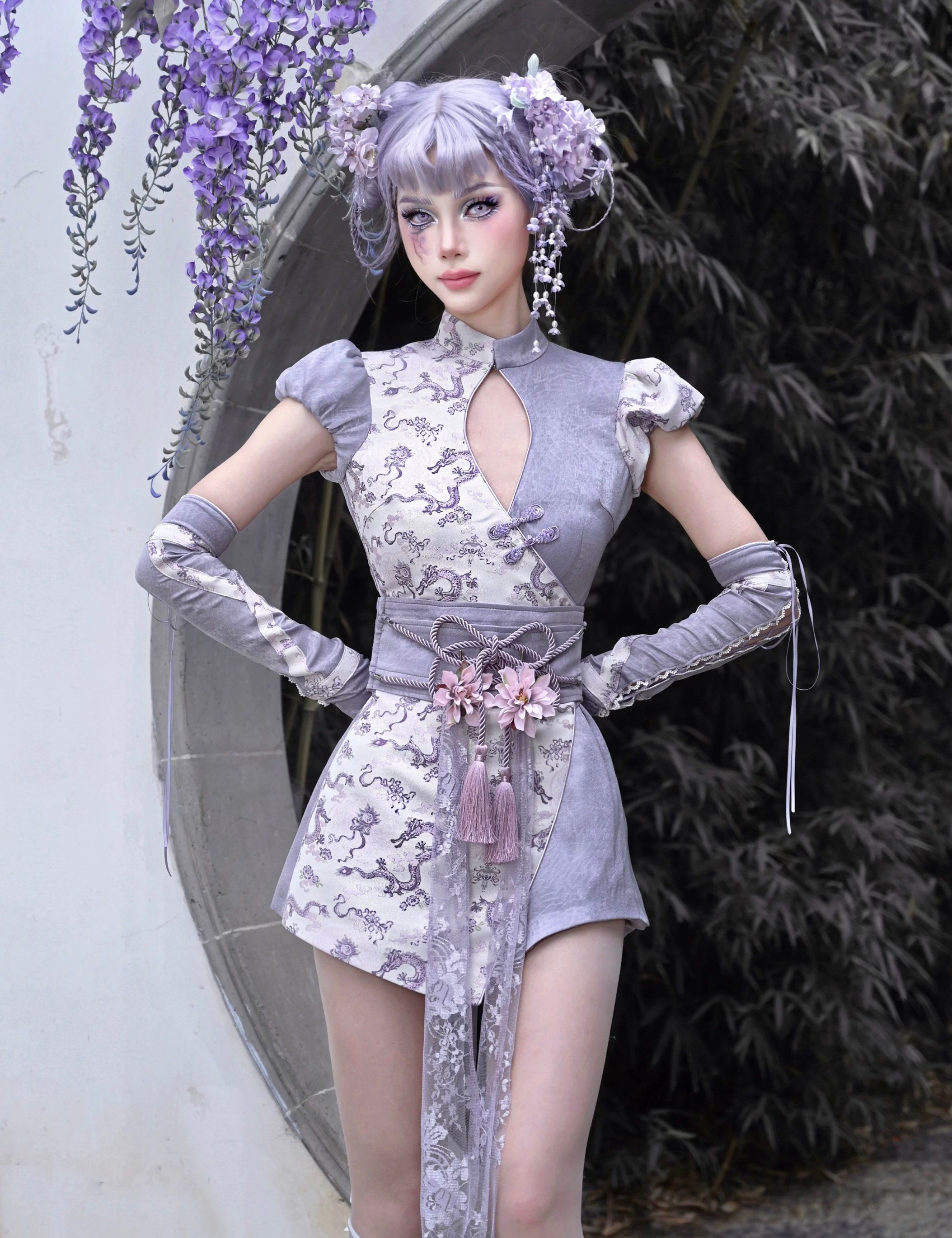 Get trendy with [Blood Supply] Dragon Wisteria Qipao Romper Jumpsuit - Romper available at Peiliee Shop. Grab yours for $35 today!