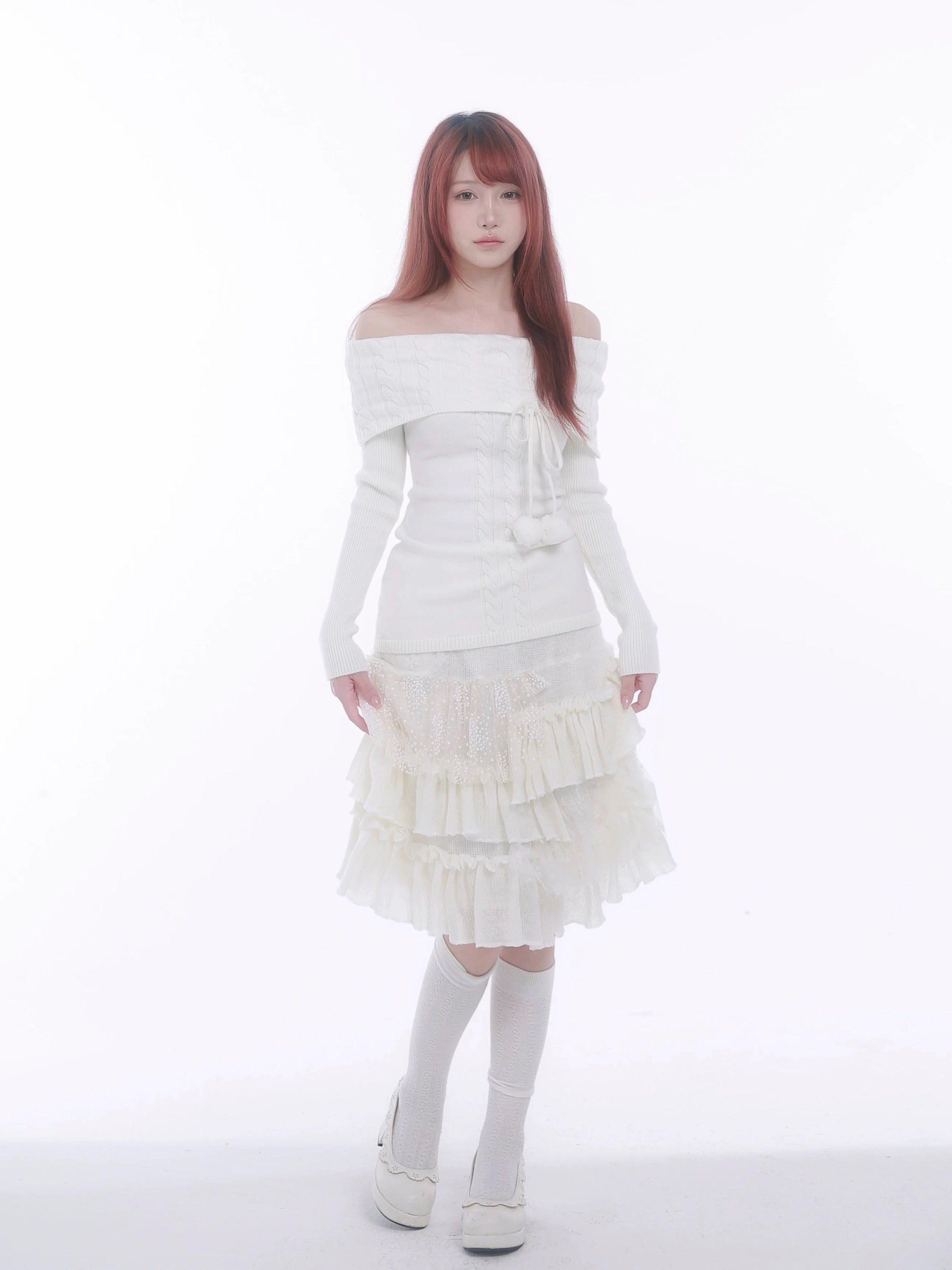 Get trendy with [Rose Island] In My Winter Garden Ruffled Knit Midi Skirt -  available at Peiliee Shop. Grab yours for $62 today!