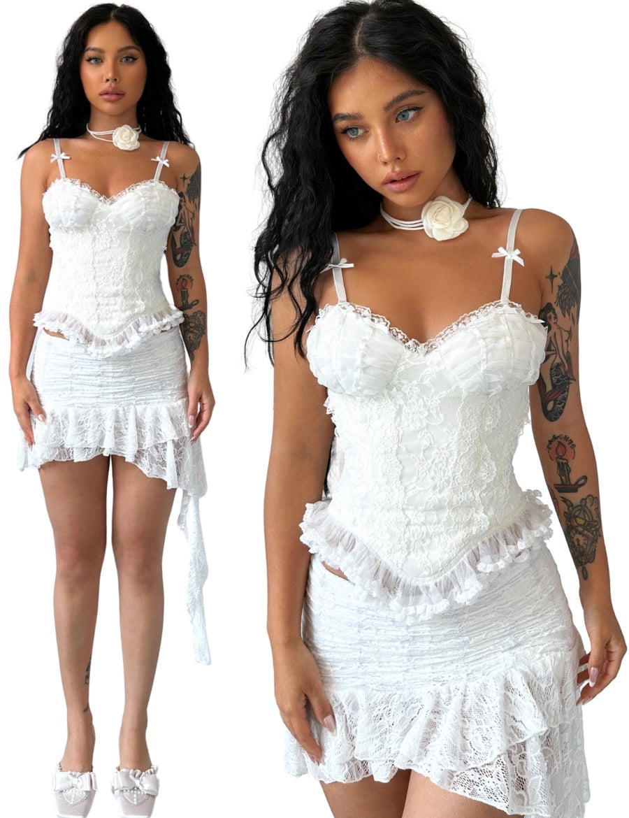 Get trendy with [Up To 2XL] Snow Love Corset Top and skirt setd -  available at Peiliee Shop. Grab yours for $42 today!