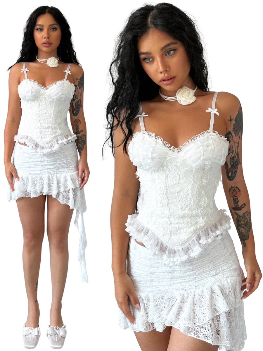 Get trendy with [Up To 2XL] Snow Love Corset Top and skirt setd -  available at Peiliee Shop. Grab yours for $42 today!