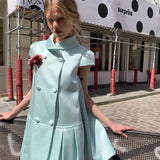 UNOSA Mint Satin Double-Breasted Pleated Dress