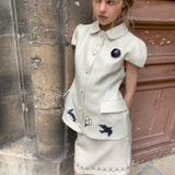 UNOSA Beige Bird & Floral Doll Collar Top and Mini Skirt Set