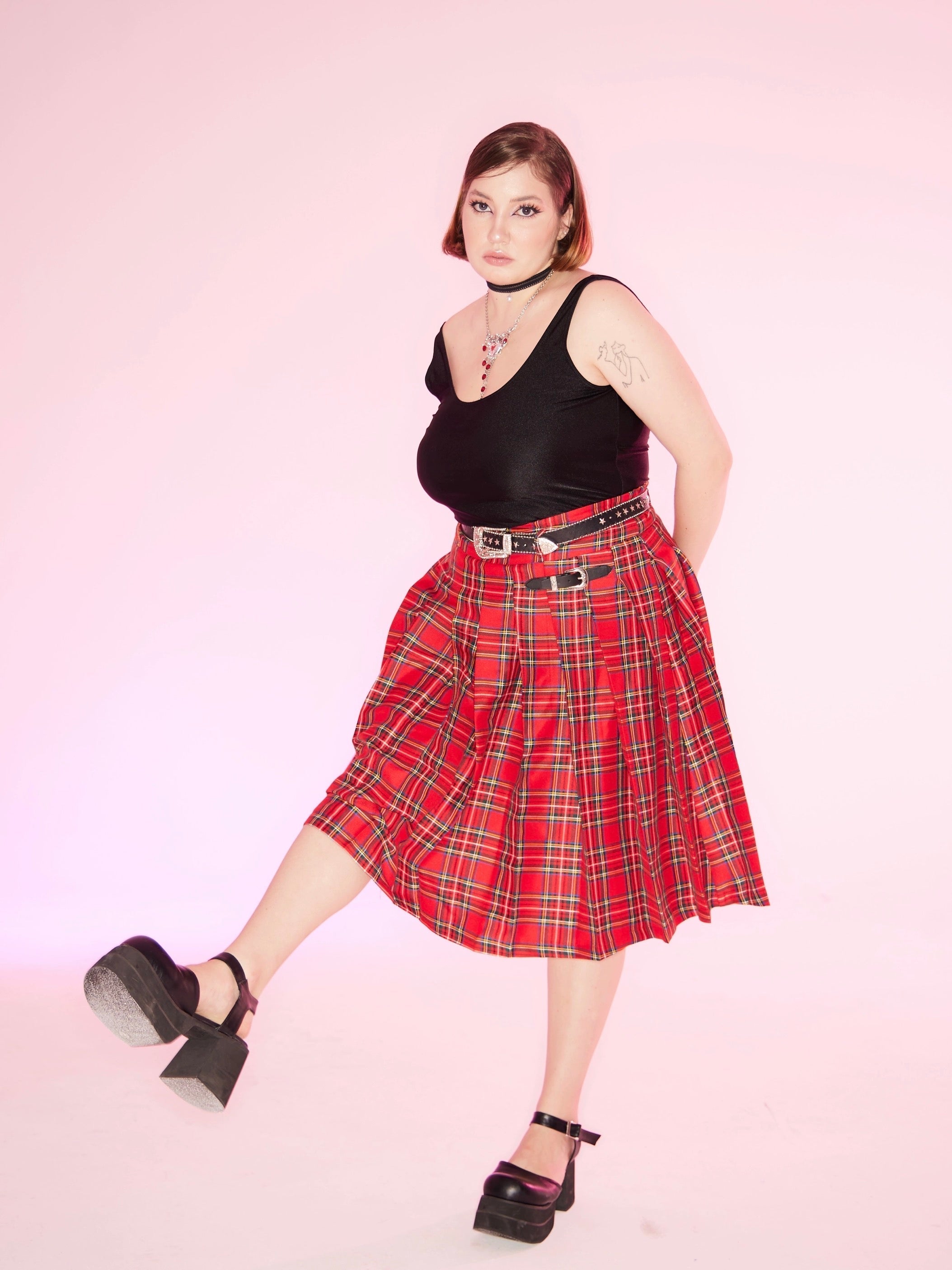 Get trendy with [Curve Beauty] Red Punk Plaid Skirt - Curve available at Peiliee Shop. Grab yours for $54 today!