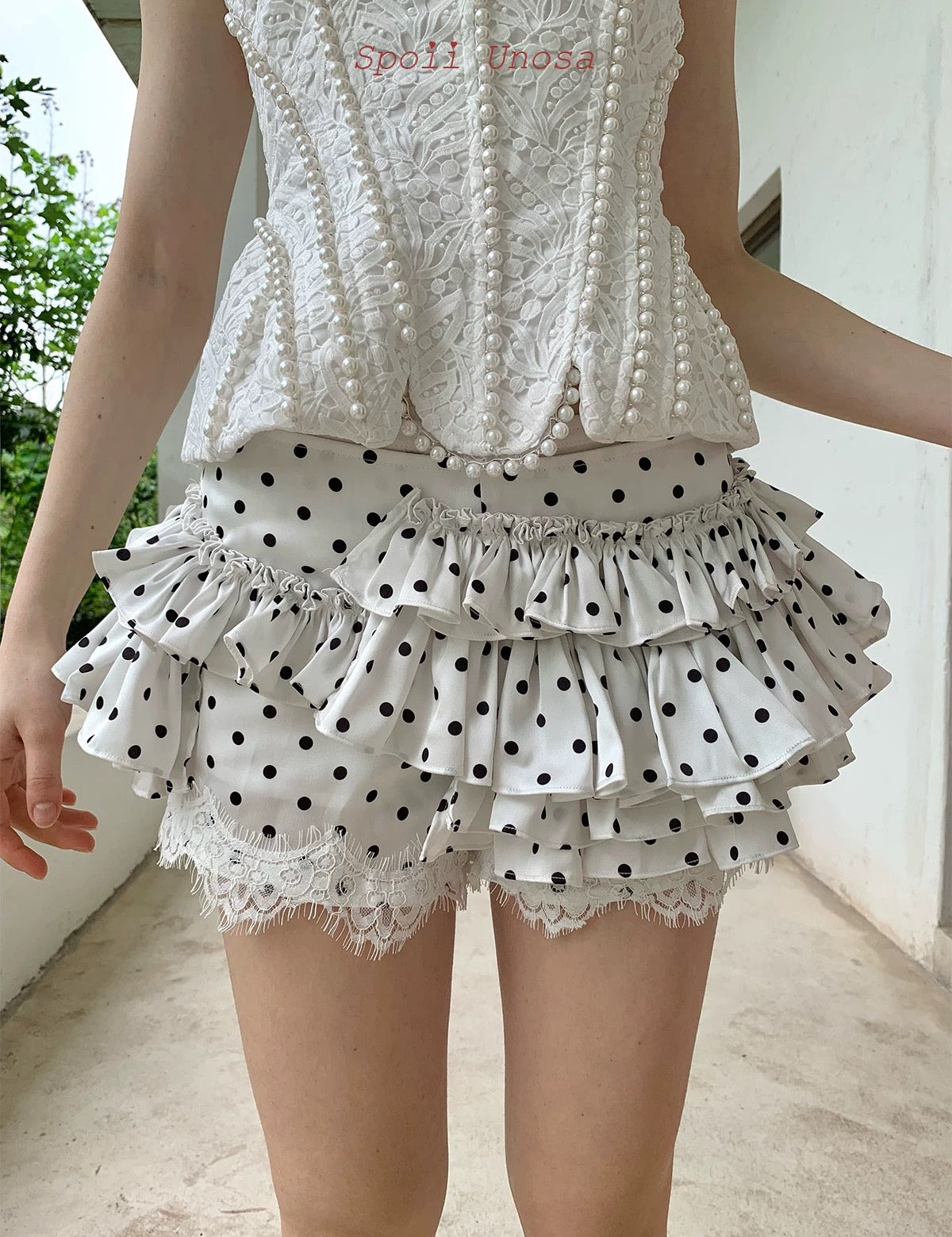 Get trendy with [SPOII UNOSA] Pearl Elegance Polka Mini Skirt -  available at Peiliee Shop. Grab yours for $55 today!