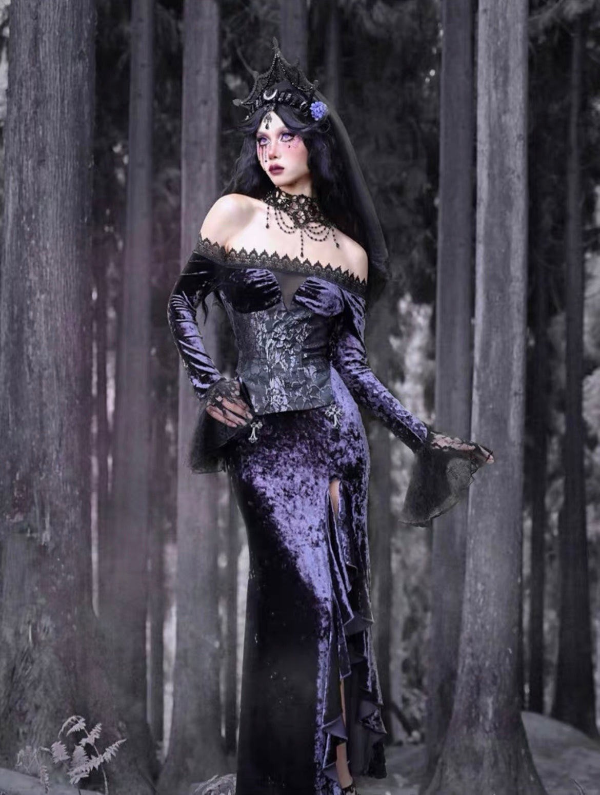 Get trendy with [Blood Supply]Moon Goddess Off-Shoulder Velvet Halloween Long Dress - Clothing available at Peiliee Shop. Grab yours for $56 today!