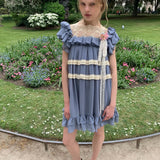 UNOSA Butterfly Moon Blue Chiffon Lace Trim Dress