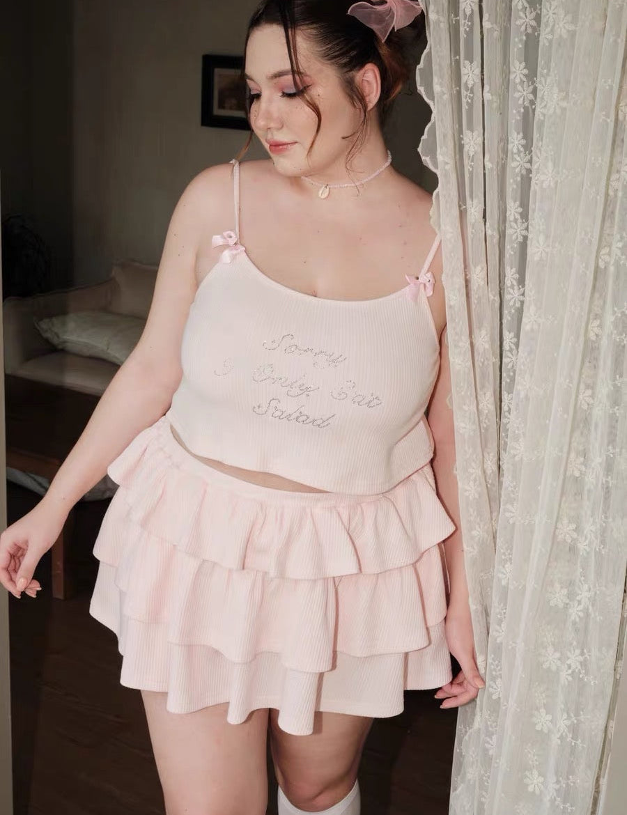 Get trendy with [Curve Beauty] Sorry I only eat salad soft pink sweet girl crop top and mini skirt set -  available at Peiliee Shop. Grab yours for $32 today!