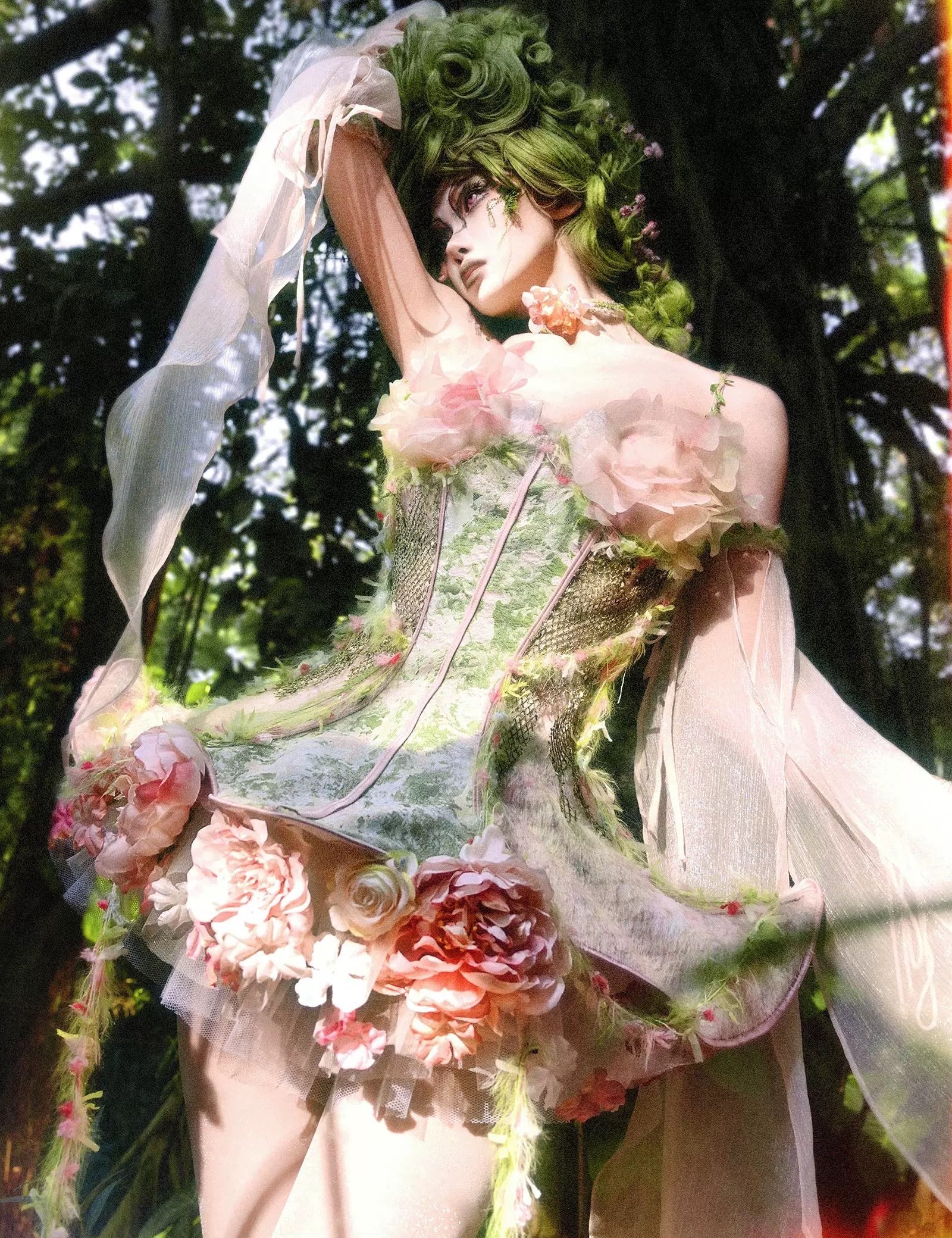  Blood Supply Forest Spirit • The Flower Goddess Corset Set worn by model, main photo with styling 