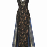 Black lace evening gown with sheer overlay on a white background