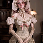 girl in a historical or vintage-style gothic fashion dress with lace details in an indoor setting.