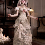 Person in a vintage-style dress standing in an elegant room with ornate furniture.
